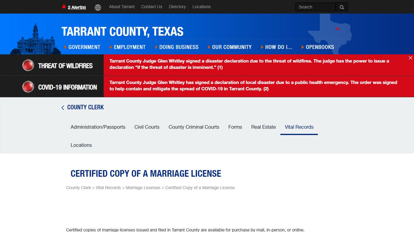 Certified Copy of a Marriage License - Tarrant County, Texas